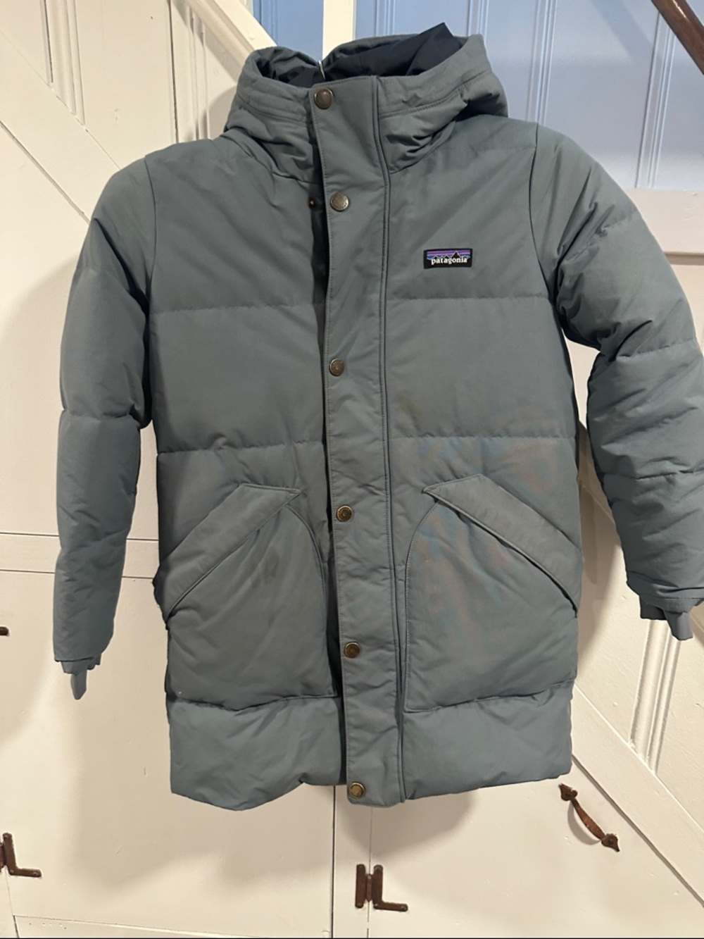 Patagonia Kids Light Gray Puffer Coat with Hood long